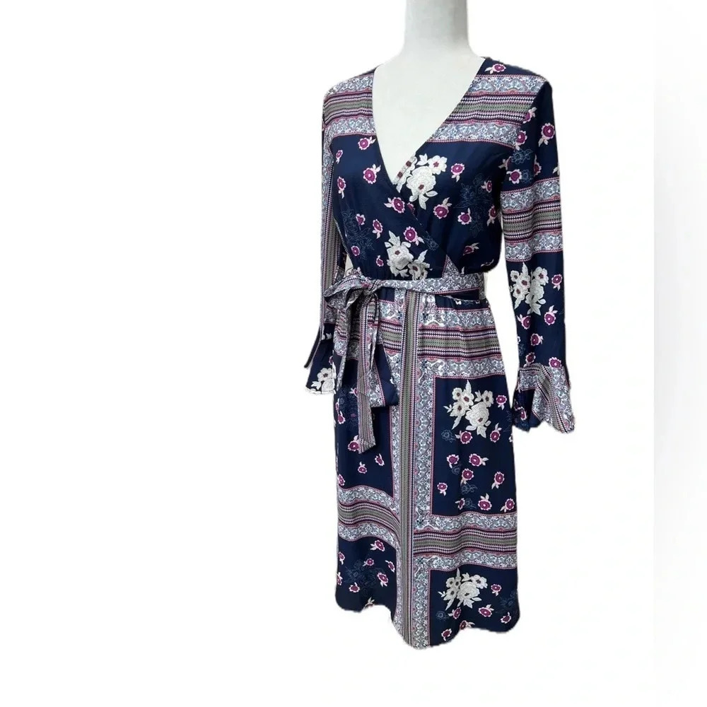 Blue‎ Mosaic Print Faux Wrap Belted Dress Polyester 3/4 Bell Sleeve Size XS